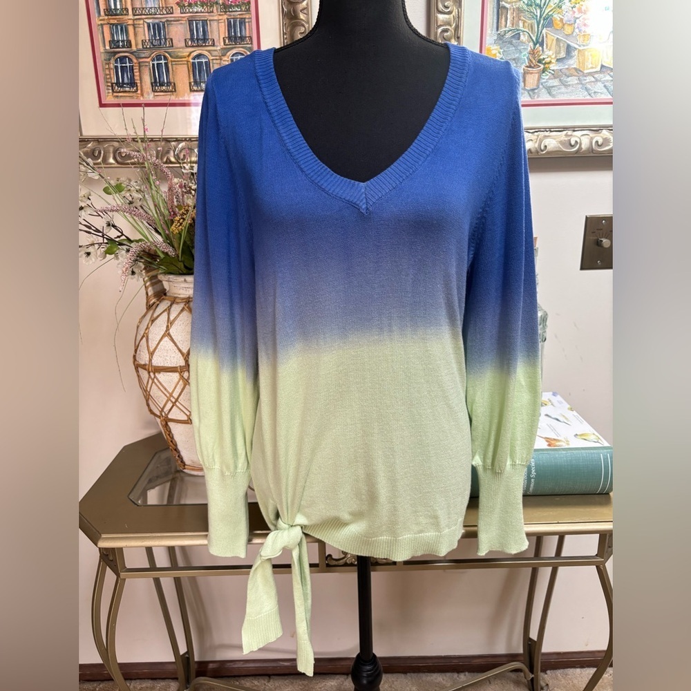 WILLOW DRIVE Blue and Green Ombre Dip Dye Lightweight Sweater Tie Detail Size S